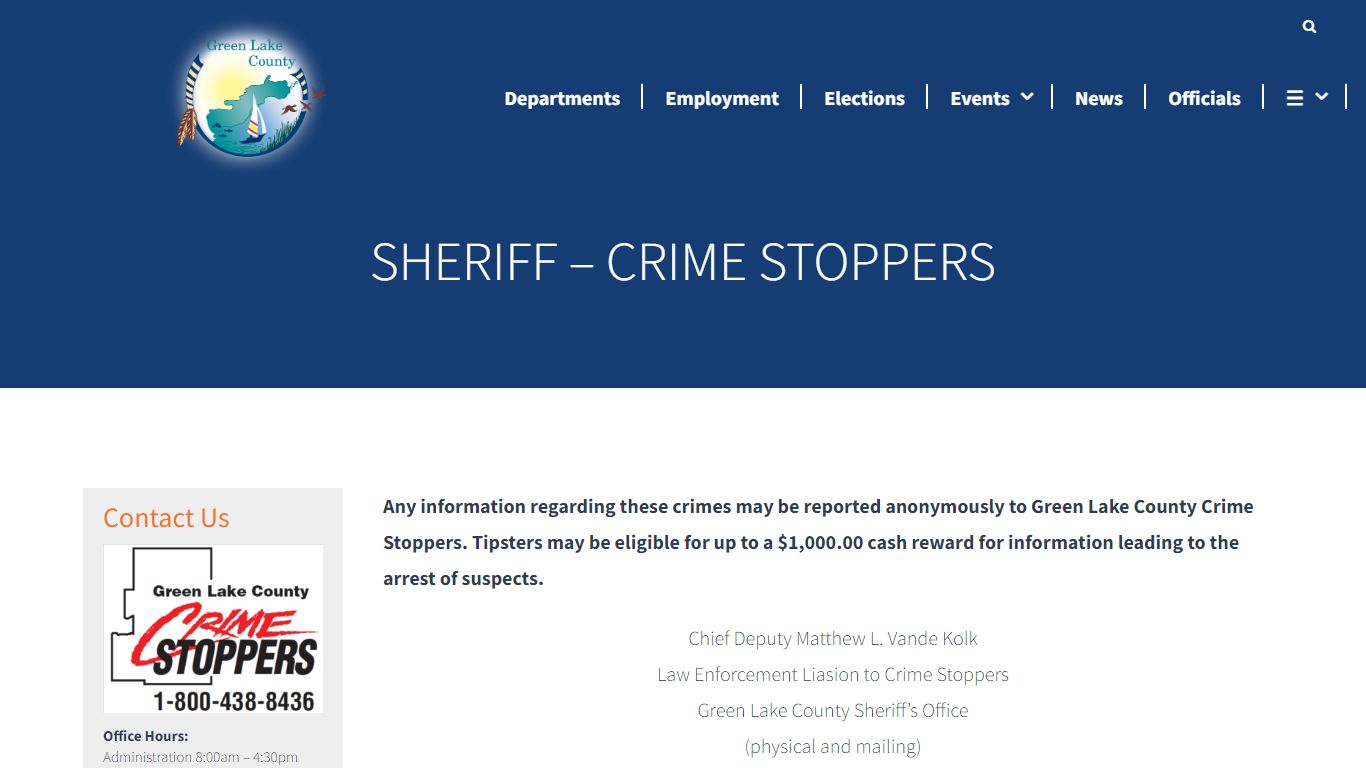 Sheriff - Crime Stoppers - Green Lake County, WI